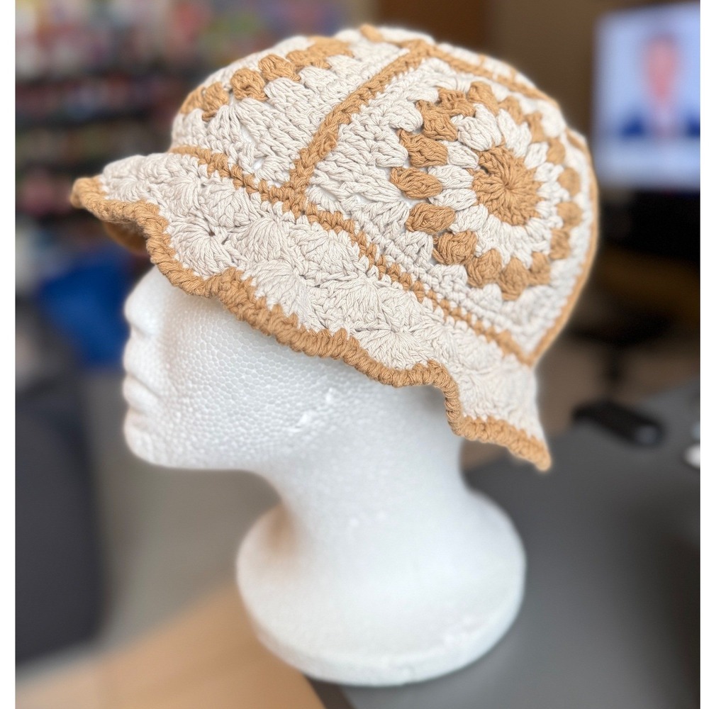 Handmade Crochet Bucket Hat Beige Tan Floral Granny Square Sun Hat